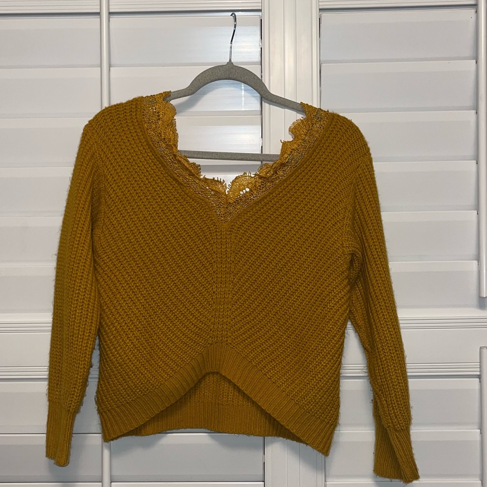 Mustard Yellow One Shoulder Lace-trim Sweater